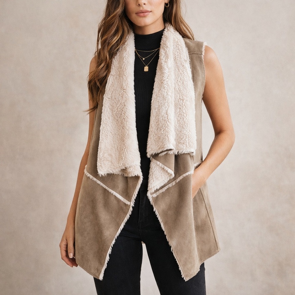 QUINN Faux Suede & Sherpa Waterfall Vest Size Large Taupe Shearling
